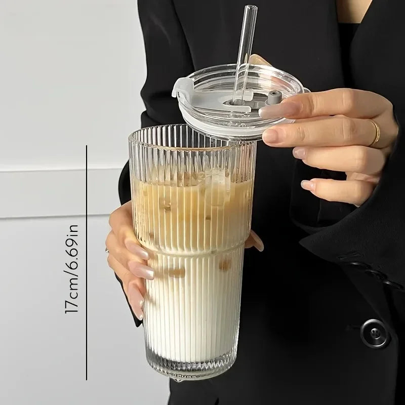 600ML Transparent Striped Cup with Lid & Straw