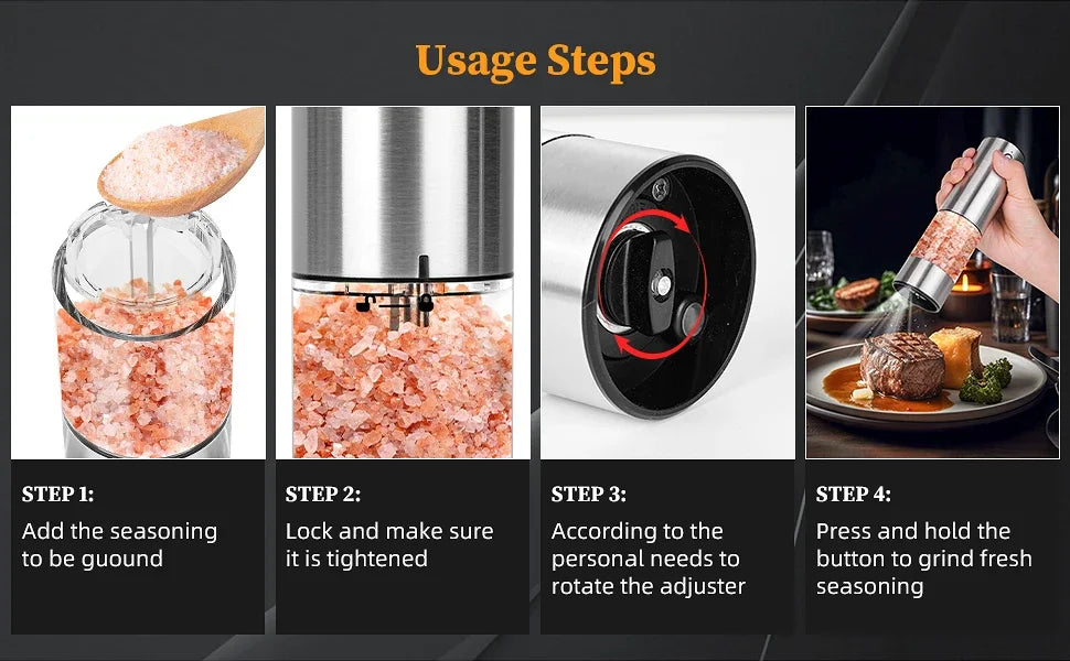 Electric Salt & Pepper Grinder Set with Adjustable Grind & LED Light