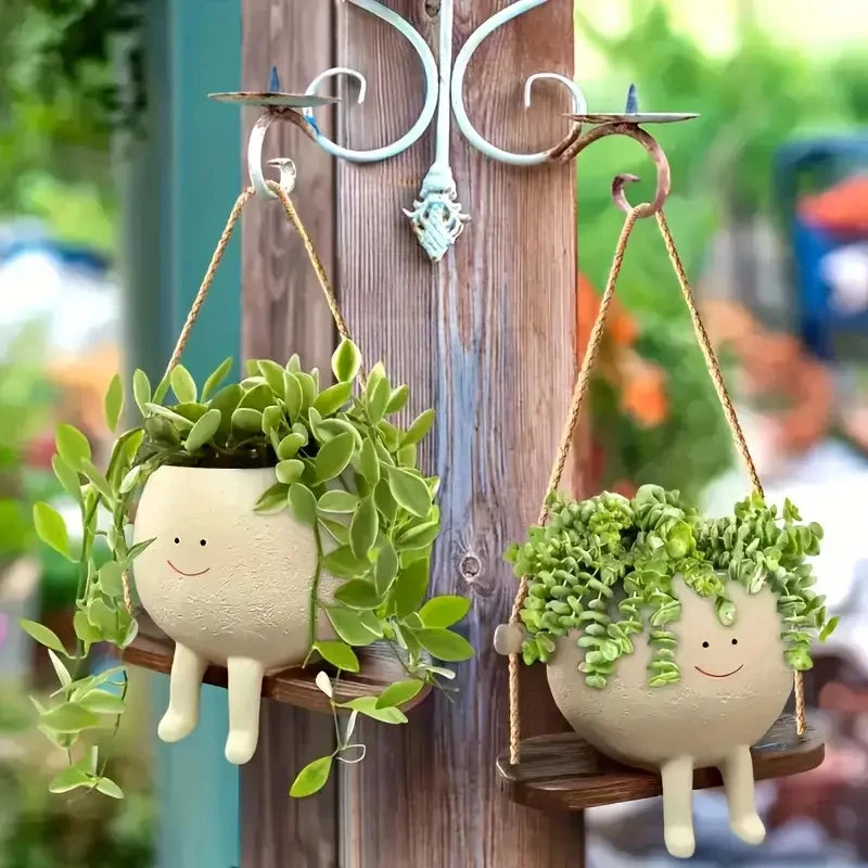 Smiling Face Resin Swing Planter for Indoor/Outdoor Plants