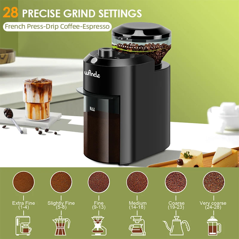 Wancle Electric Burr Coffee Grinder with 28 Grind Settings (220V/120V)
