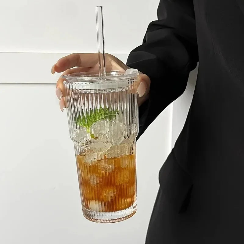 600ML Transparent Striped Cup with Lid & Straw