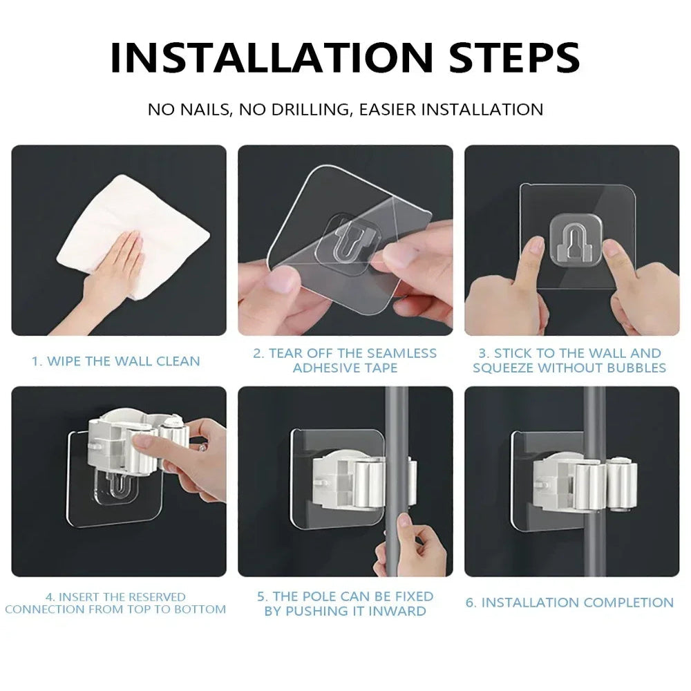 Self-Adhesive Wall-Mounted Mop Holder & Broom Stand Organizer