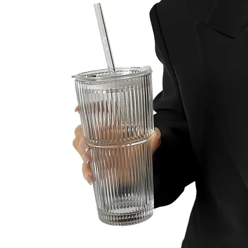 600ML Transparent Striped Cup with Lid & Straw