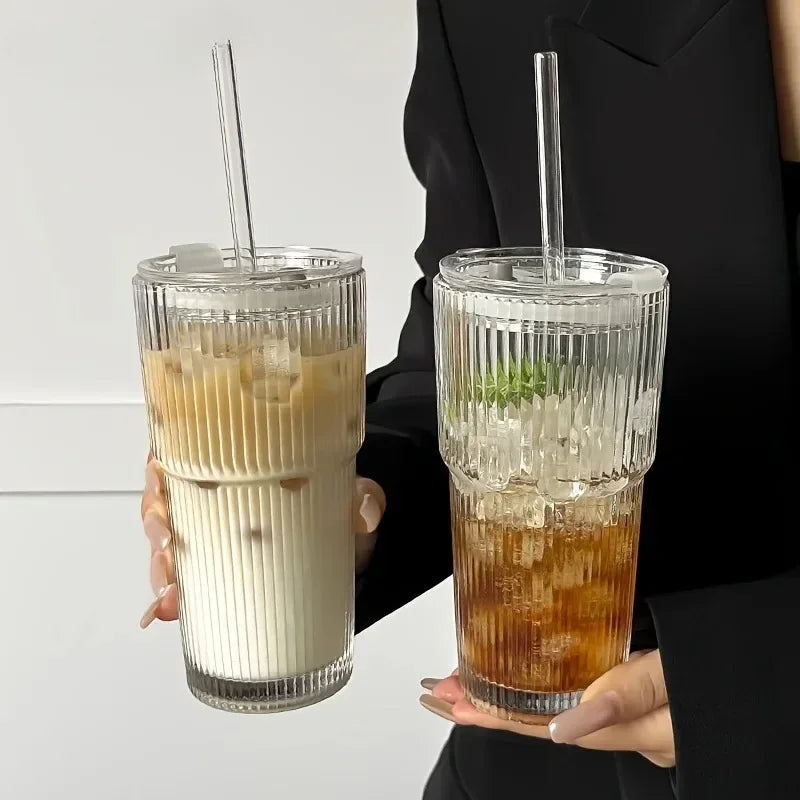 600ML Transparent Striped Cup with Lid & Straw